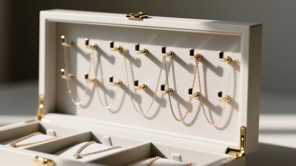 Interior of a necklace organizer box showing spaced metal hooks holding delicate cable chains, highlighting tangle-free geometry.