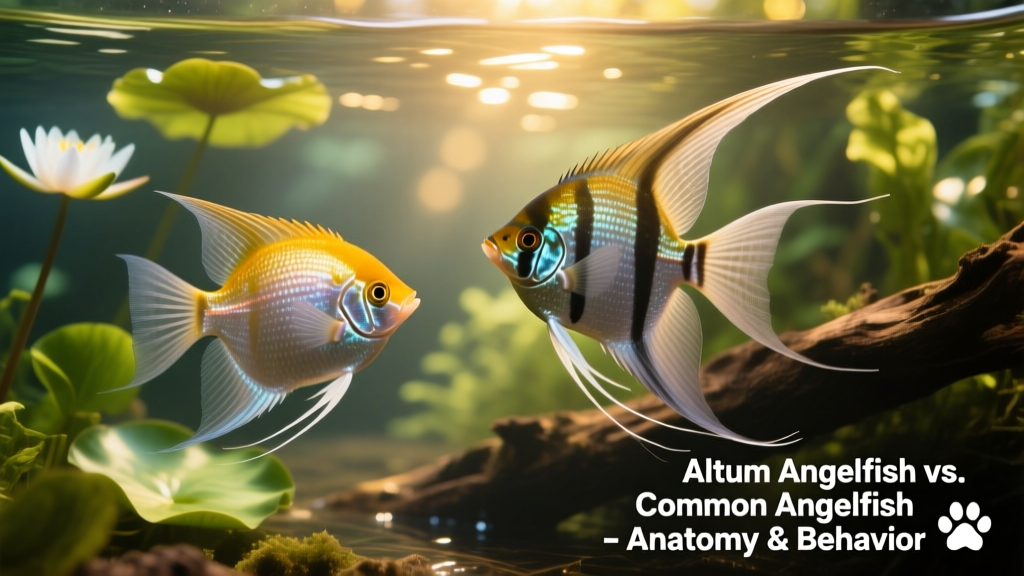 Side-by-side comparison of common angelfish and Altum angelfish showing differences in body shape and fin length