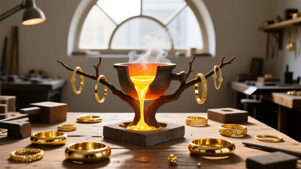 Busy jewelry workshop bench with a melting crucible, casting tree, and scattered 21k yellow gold bangles under warm lighting