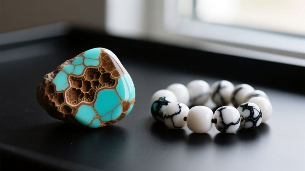 Macro photo of natural brown matrix in real turquoise next to dyed, dark veins of imitation howlite beads on a black surface.