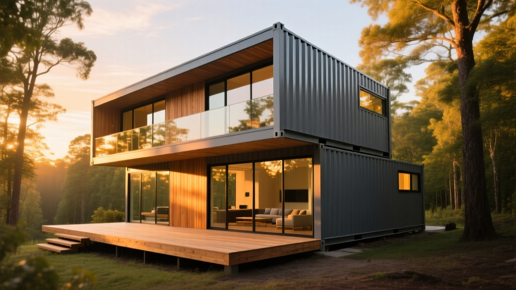 Modern two-story shipping container home with large glass windows and a wooden deck, set in a wooded landscape at golden hour.