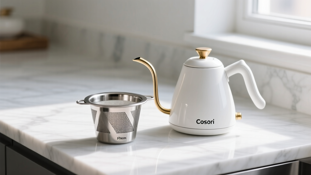 Stainless steel Finum permanent tea filter basket resting beside compact Cosori gooseneck kettle on a small white marble apartment countertop