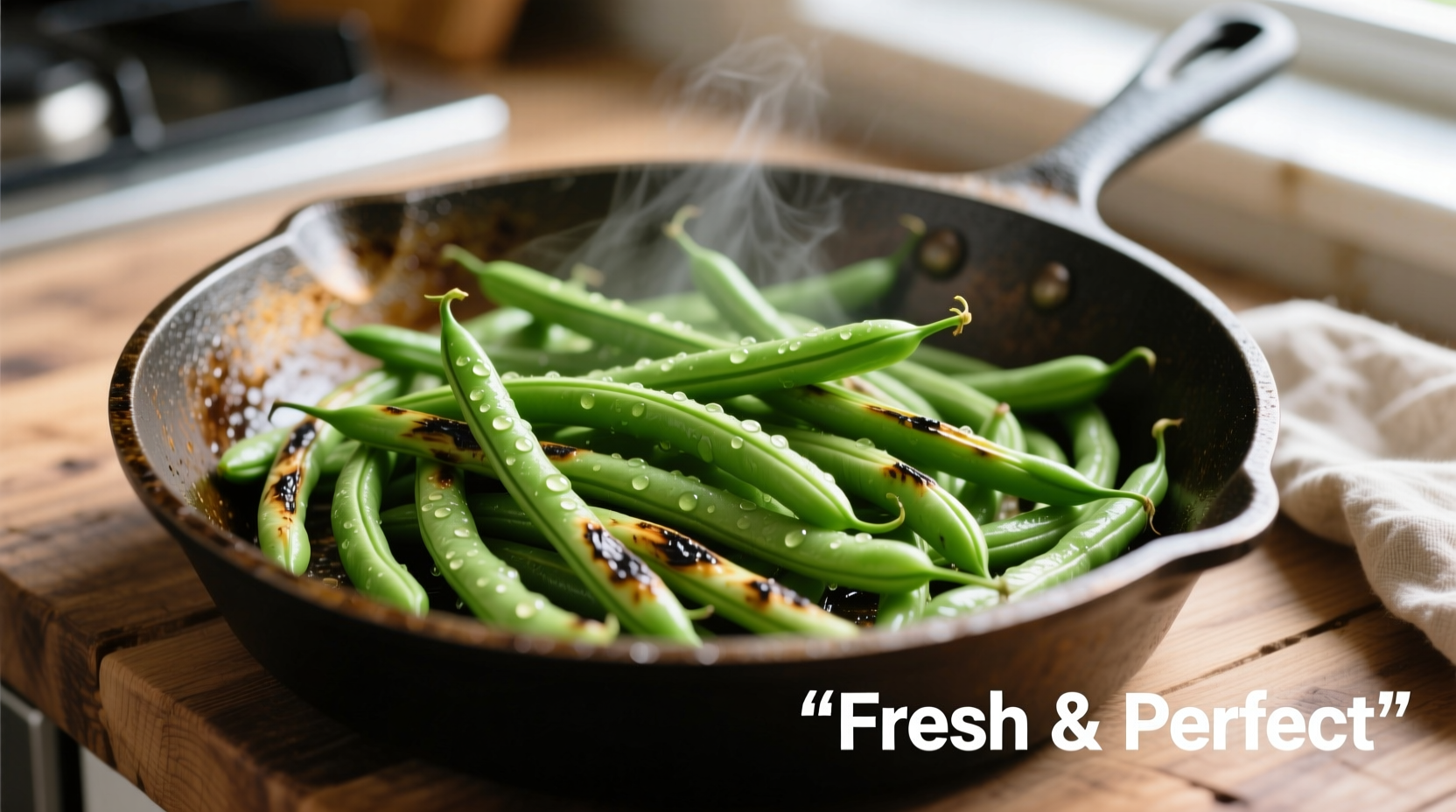 Perfectly cooked fresh green beans in a skillet
