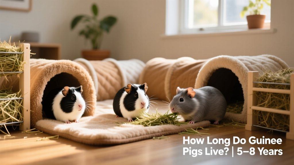 A spacious, well-appointed guinea pig enclosure with fleece bedding, tunnels, a hideout, and hay racks