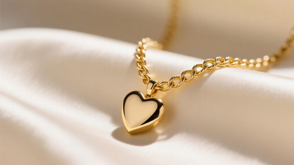 Close-up of a 14k yellow gold heart chain necklace on silk, showing intricate cable links and a polished heart pendant.