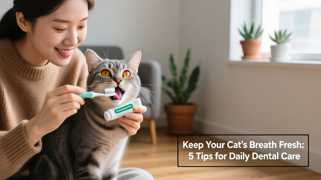 Cat owner gently brushing their cat’s teeth with a soft-bristled pet toothbrush and enzymatic toothpaste