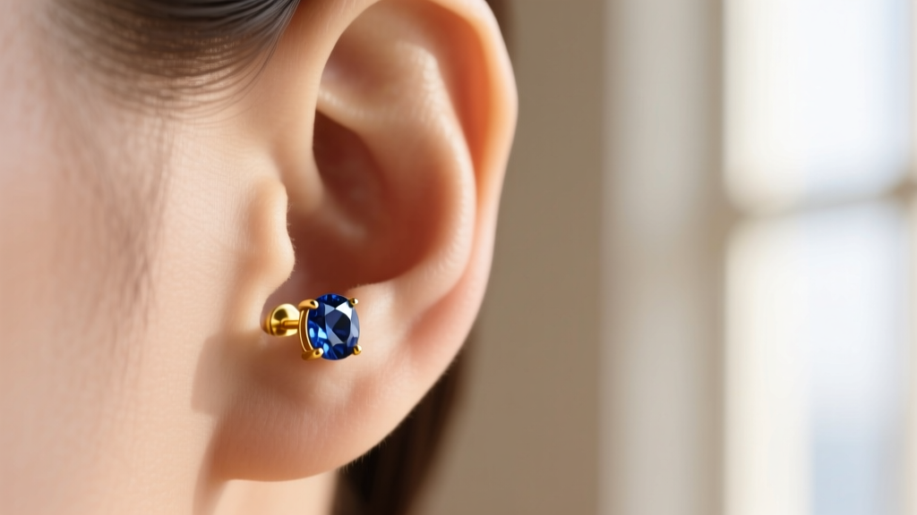 Macro shot of a left earlobe wearing a 14k yellow gold sapphire stud earring, soft natural window light, elegant and serene mood.