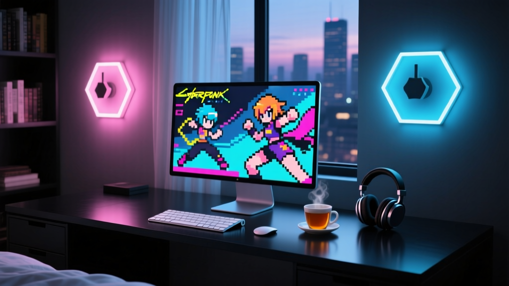 Dark bedroom desk setup illuminated by pink and blue hexagonal wall lights with a retro pixel art anime display on the monitor
