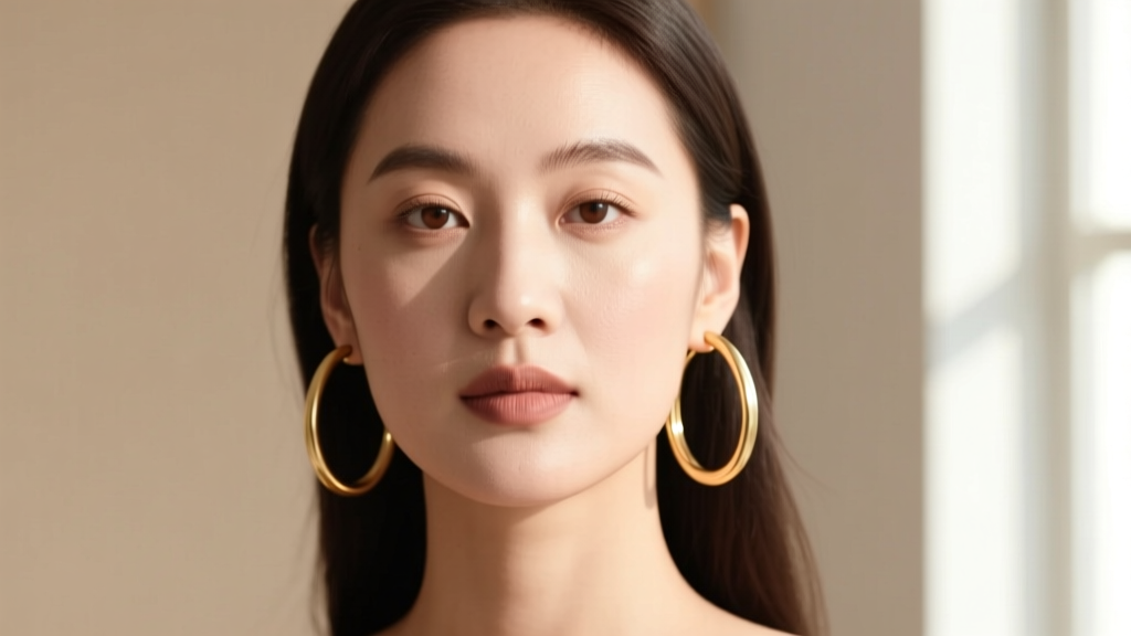 Woman with round face wearing large thin brushed gold hoops, photographed in natural window light with a neutral beige backdrop