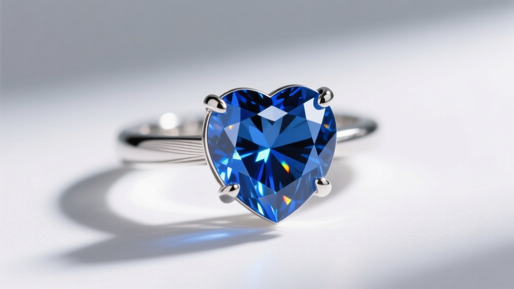 Macro shot of a sterling silver prong setting holding a 6-carat nano-sital blue heart gemstone, revealing sharp facet junctions.