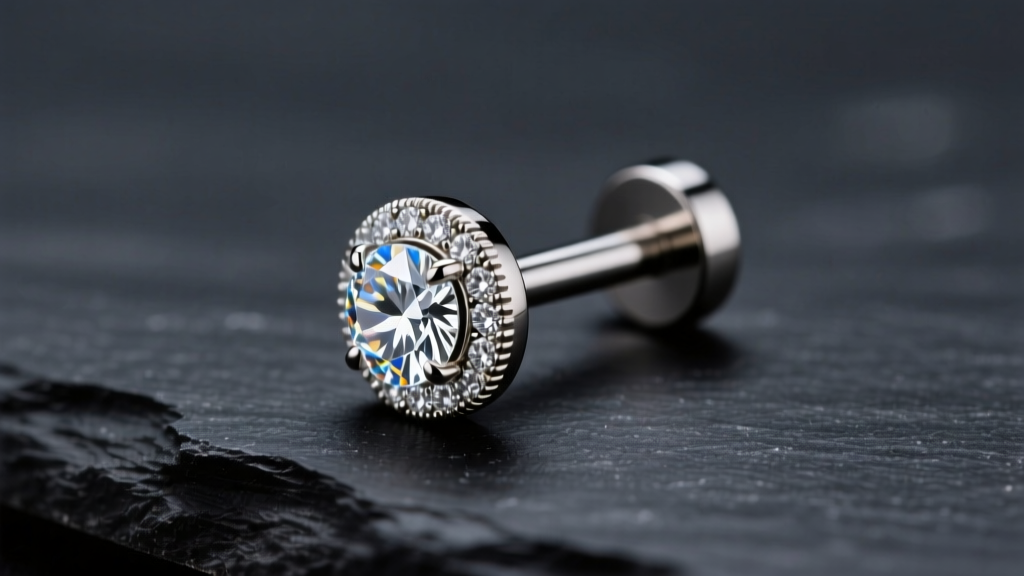 Close-up of a minimalist 14-gauge implant-grade titanium flat-back labret stud with a bezel-set diamond, resting on dark slate.