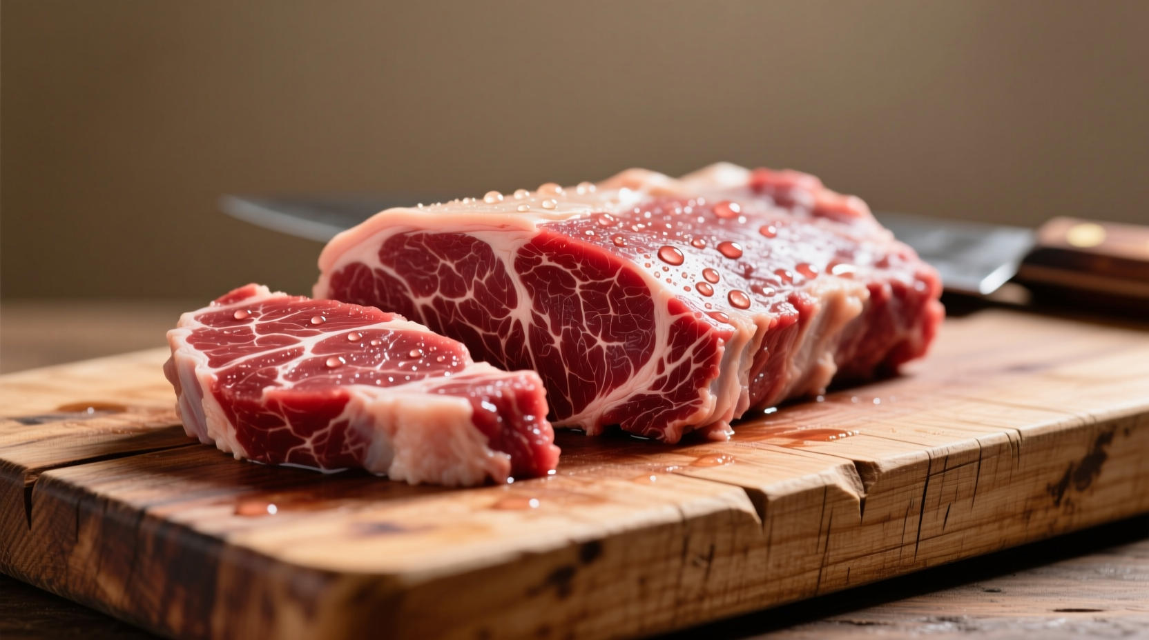 Fresh goat meat cuts on butcher block