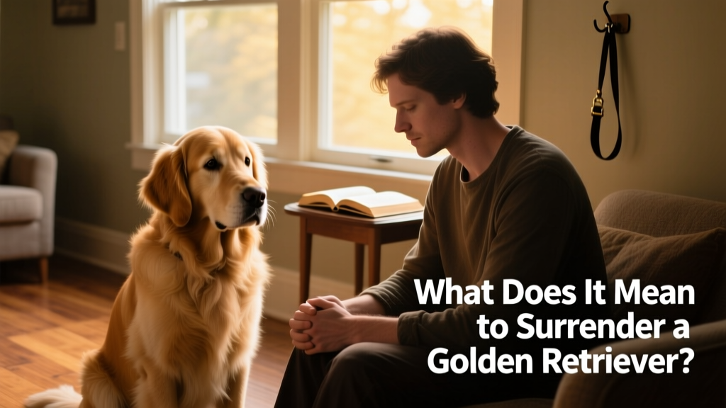 A calm, gentle Golden Retriever sitting beside a person with a thoughtful expression