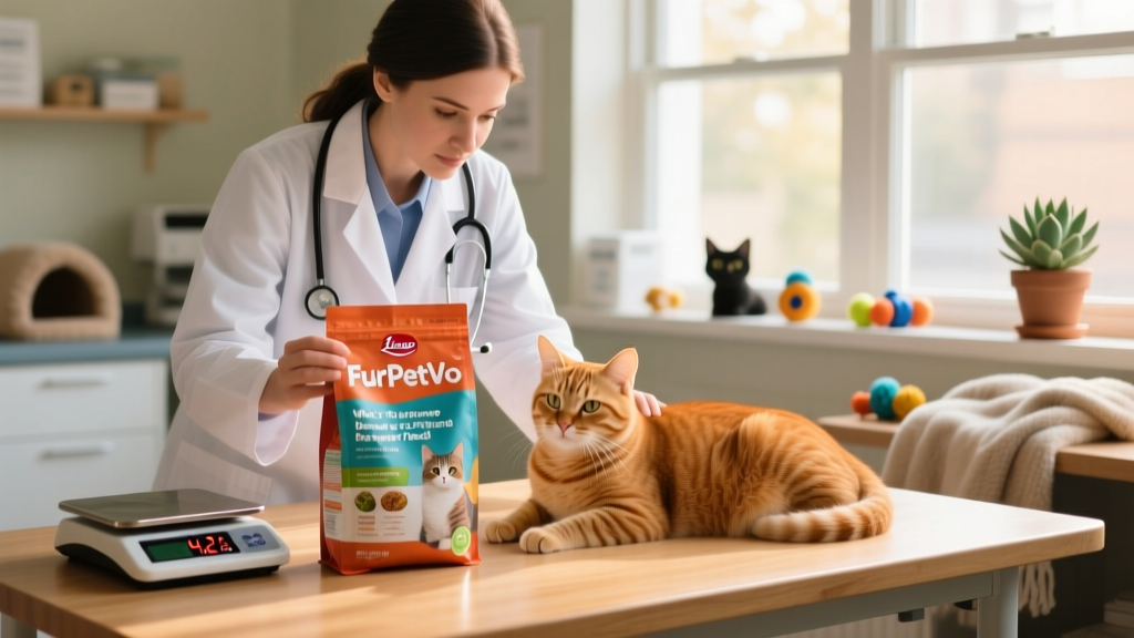 A vet examining a cat while reviewing a FurPetVo indoor cat food bag and a digital scale