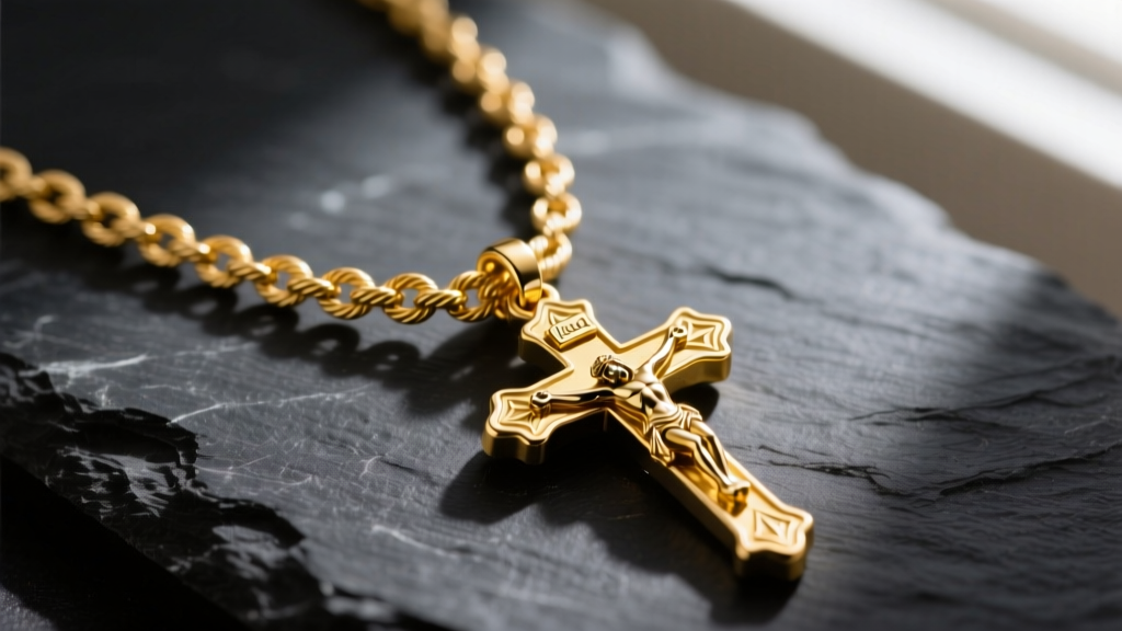 Close-up of a heavy 14k yellow gold mens rosary necklace with 2mm cable links and a detailed crucifix pendant resting on dark slate.