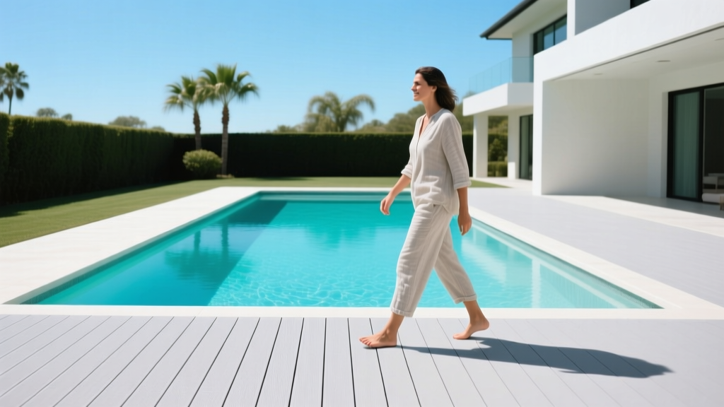 Homeowner walking barefoot on a light-gray PVC pool deck surrounding a modern rectangular saltwater swimming pool on a bright sunny afternoon