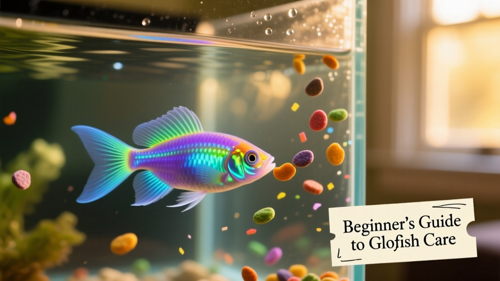 Close-up of a GloFish feeding near the surface, with colorful flakes visible in the water column