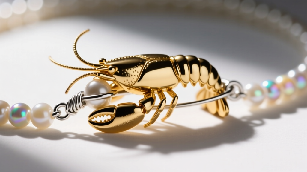 Close-up of a gold lobster clasp attached to a seed bead strand using a sterling silver wire guardian and a flattened crimp bead.