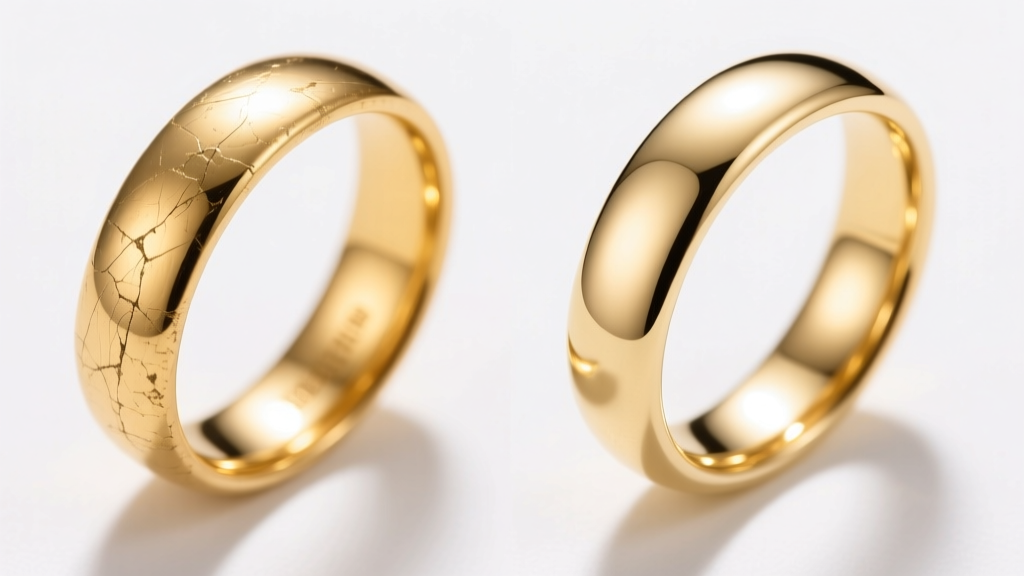 Side-by-side close-up comparison of a scratched 18k gold band and a pristine 14k gold wedding band under bright studio lighting.
