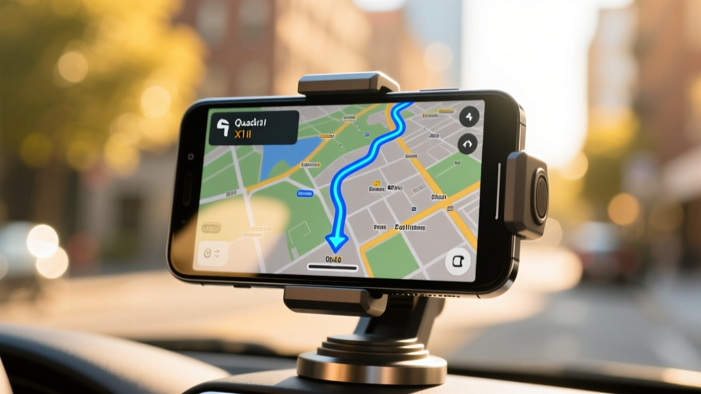 Close-up of a smartphone mounted on a Quad Lock vibration dampener showing a navigation route on a sunny day with blurred background