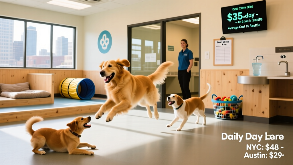 A happy dog playing with other dogs in a bright, supervised indoor doggy day care center