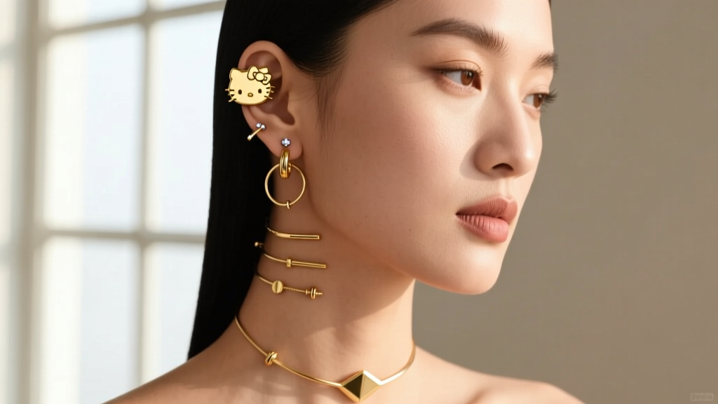 Model wearing 18k gold Hello Kitty cartilage stud in upper helix, showing curated ear stack in soft natural light from a window