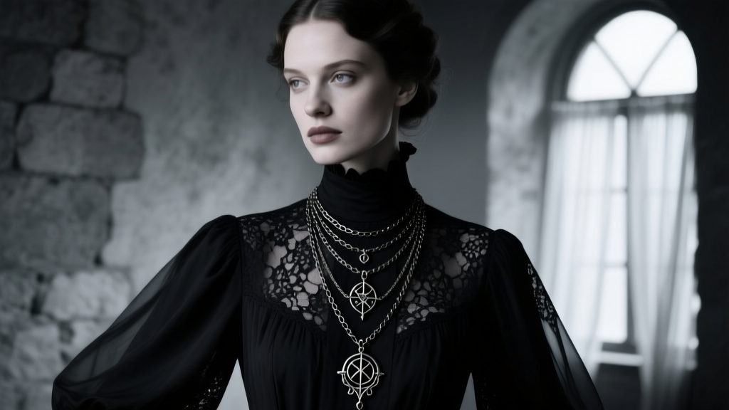 Woman in high-neck black Victorian lace blouse wearing multi-layered dark metal gothic pendant necklace under moody dim lighting