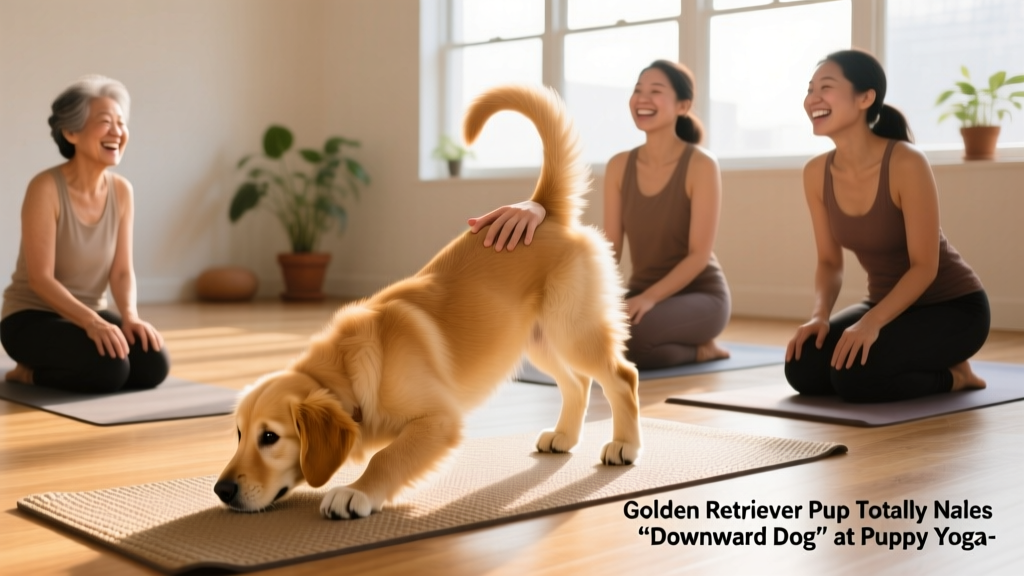 A Golden Retriever puppy in a playful downward dog pose on a yoga mat beside smiling participants