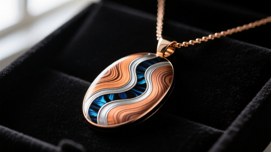 Macro shot of a Mokume Gane necklace pendant showing swirling wood-grain patterns of copper, silver, and Shakudo on dark velvet.