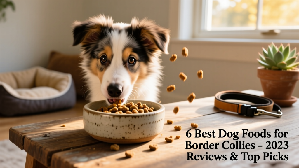 A young Border Collie puppy eagerly eating FurPetVo Puppy kibble from a ceramic bowl