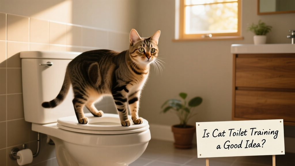 A cat standing carefully on the rim of a toilet bowl, paws balanced on the edge