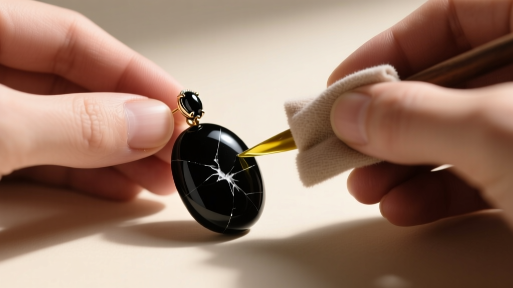 Jeweler hands using a soft microfiber cloth and mineral oil to gently polish a scratched black jet figa amulet earring.