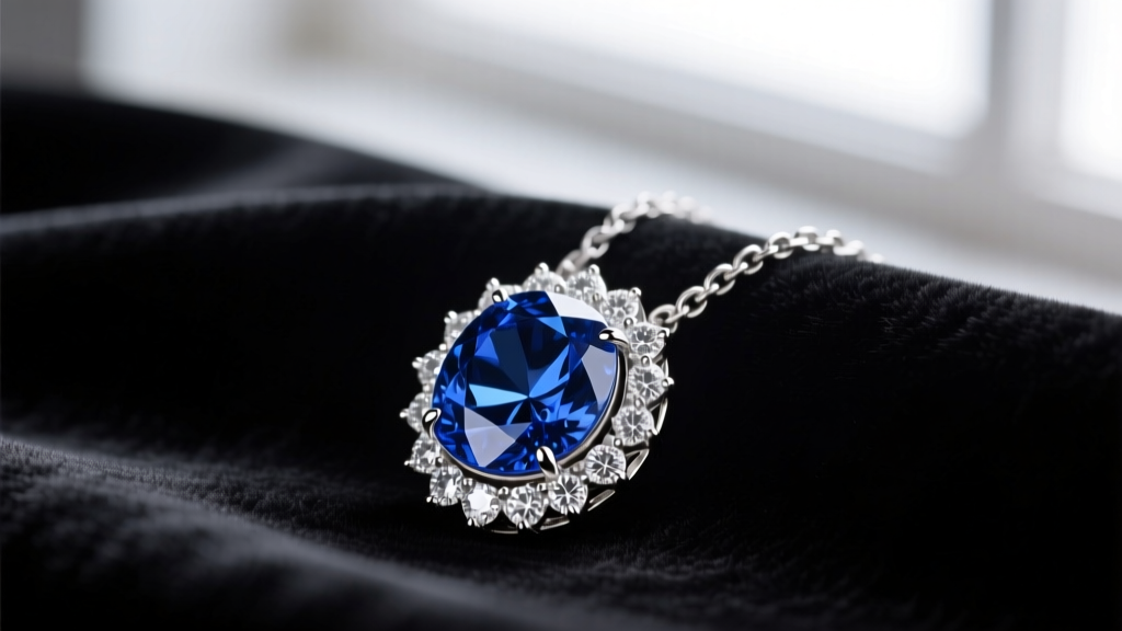 Close up of a blue tanzanite pendant with a rose-cut diamond halo on a platinum chain, resting on dark velvet.