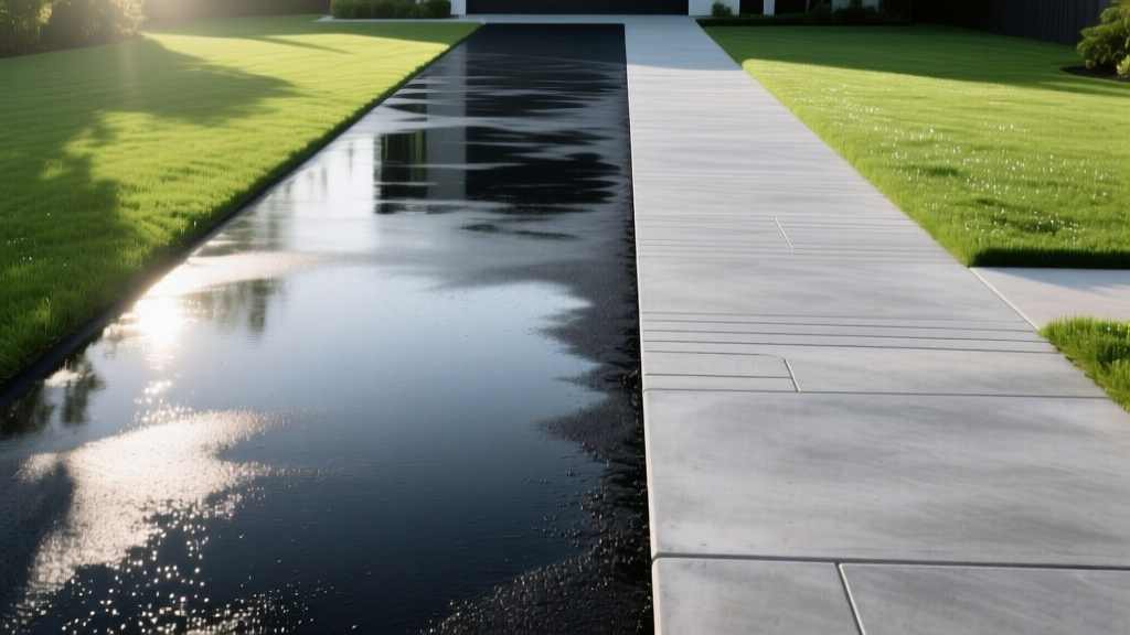 Split driveway showing fresh black asphalt on the left and brushed gray concrete on the right, bordered by lush green lawn