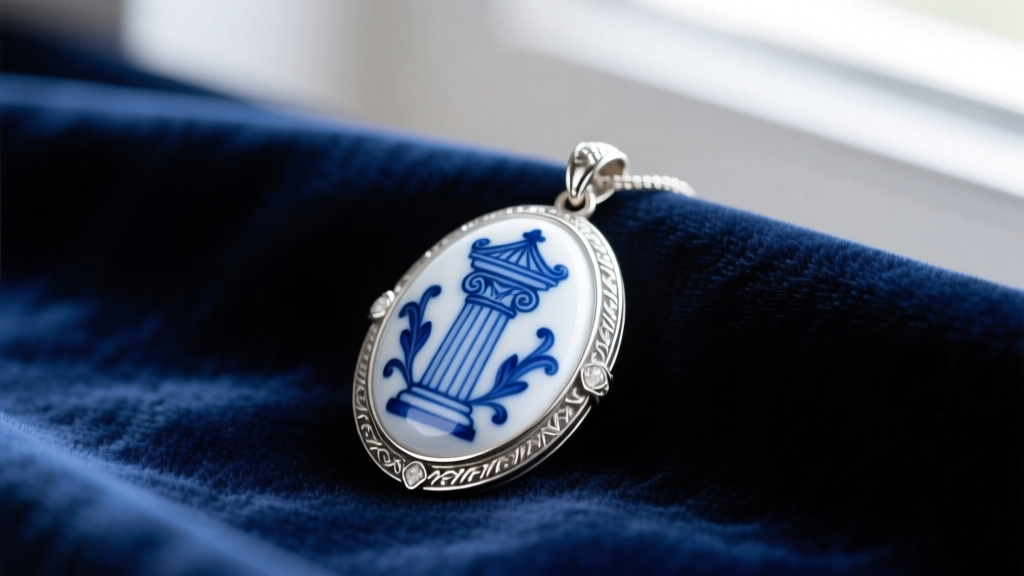 Close-up of a vintage blue and white Wedgwood Jasperware oval pendant set in sterling silver, resting on dark velvet fabric