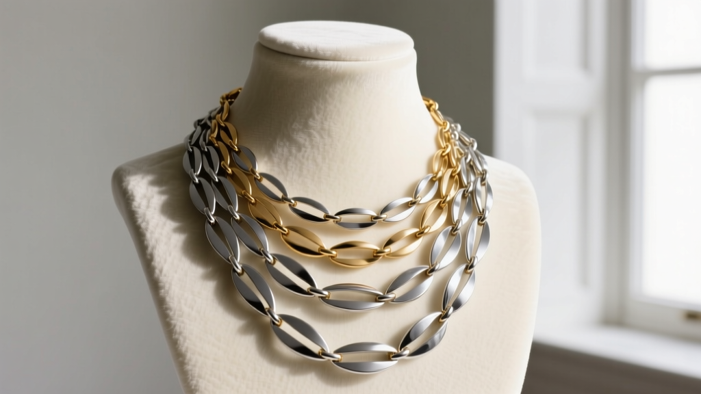 Heavy multi-strand Stephen Dweck necklace draped on a velvet bust, demonstrating articulated hinge links and weight distribution.