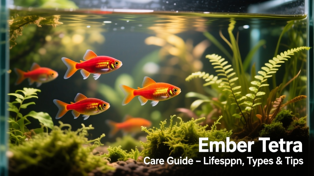 School of ember tetras swimming gracefully in a lush, planted aquarium with soft lighting
