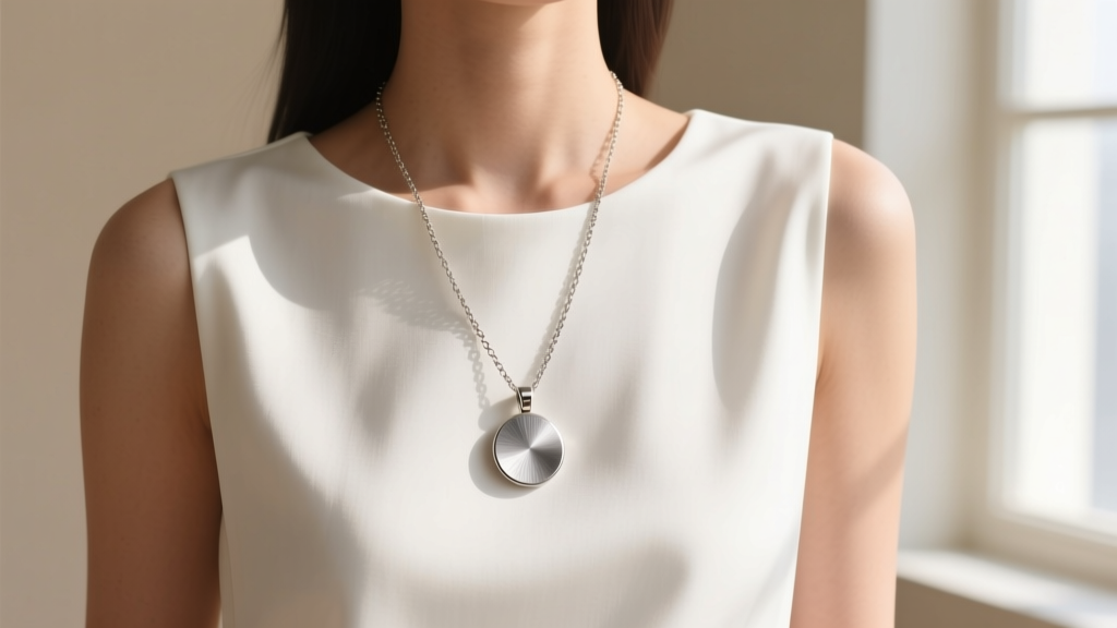 Lightweight matte titanium pendant on a 28-inch chain dropping below the bust of a white cotton crew neck dress, soft daylight