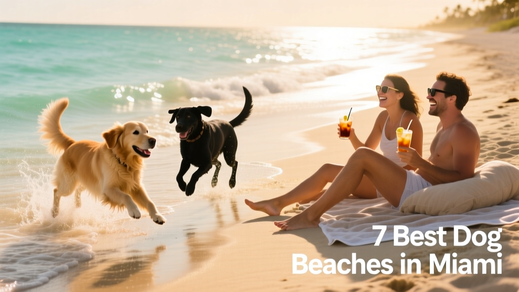 A sunny, sandy beach with dogs playing in shallow waves and owners relaxing nearby