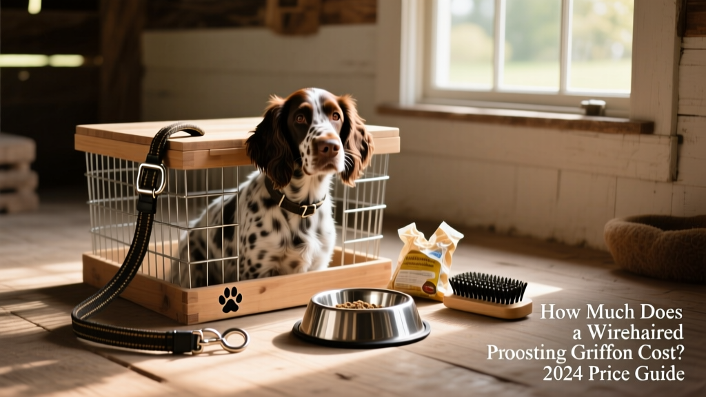 A neatly arranged collection of Wirehaired Pointing Griffon essentials: crate, durable leash, stainless steel bowls, and grooming brush