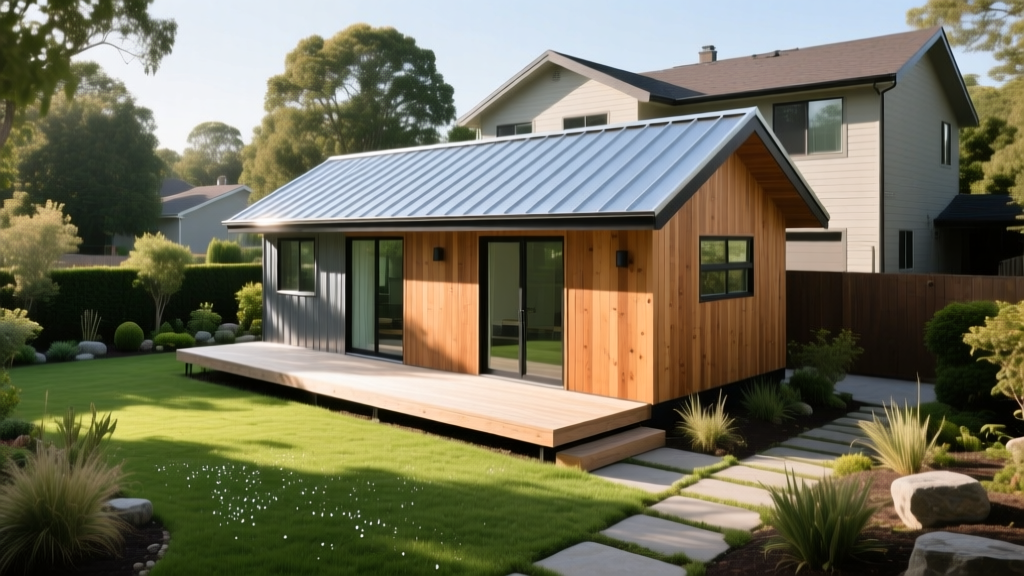 Modern prefabricated accessory dwelling unit with metal roof and cedar siding in a landscaped suburban backyard next to a primary home