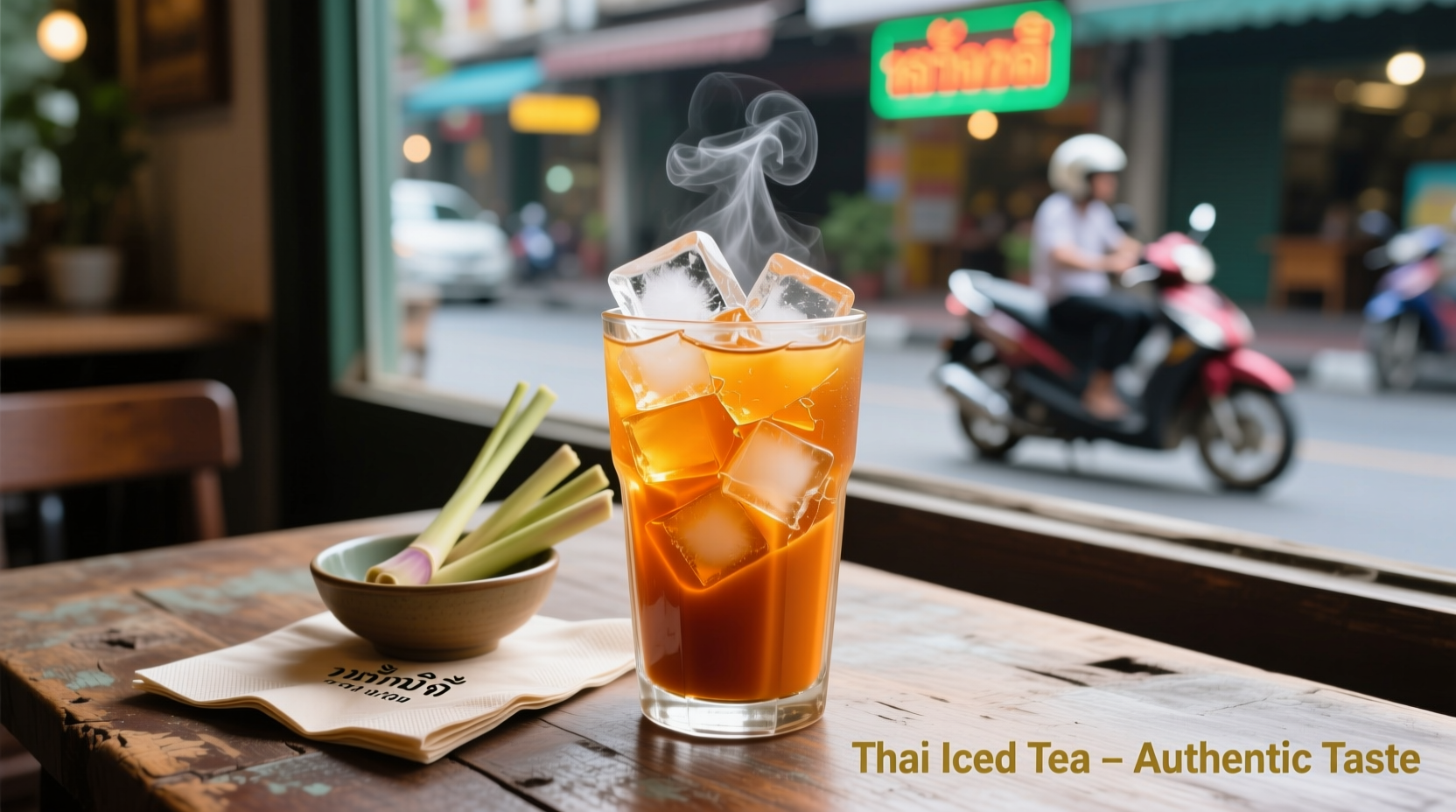 Glass of authentic Thai iced tea with orange hue