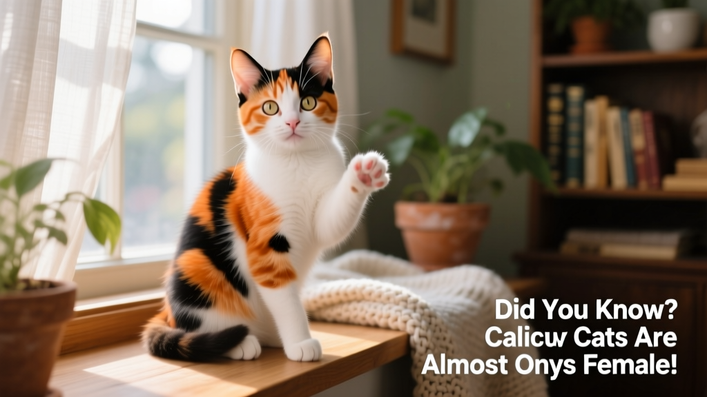 A cheerful calico kitten sitting upright, showing off its distinct orange, black, and white patches