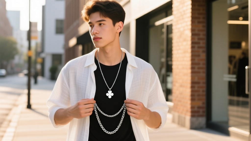 Street style shot of a man layering an 18-inch clover pendant with a 24-inch silver rope chain over an open white linen shirt.