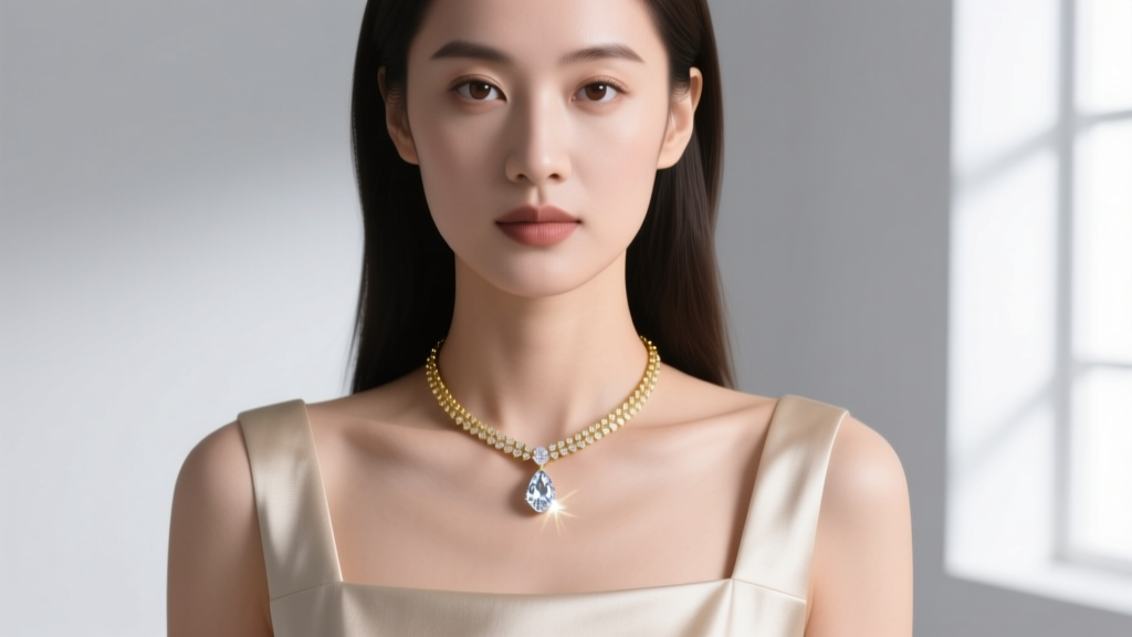 Close-up of a woman in a square-neck dress wearing a 16-inch gold choker with a teardrop diamond pendant, soft lighting.