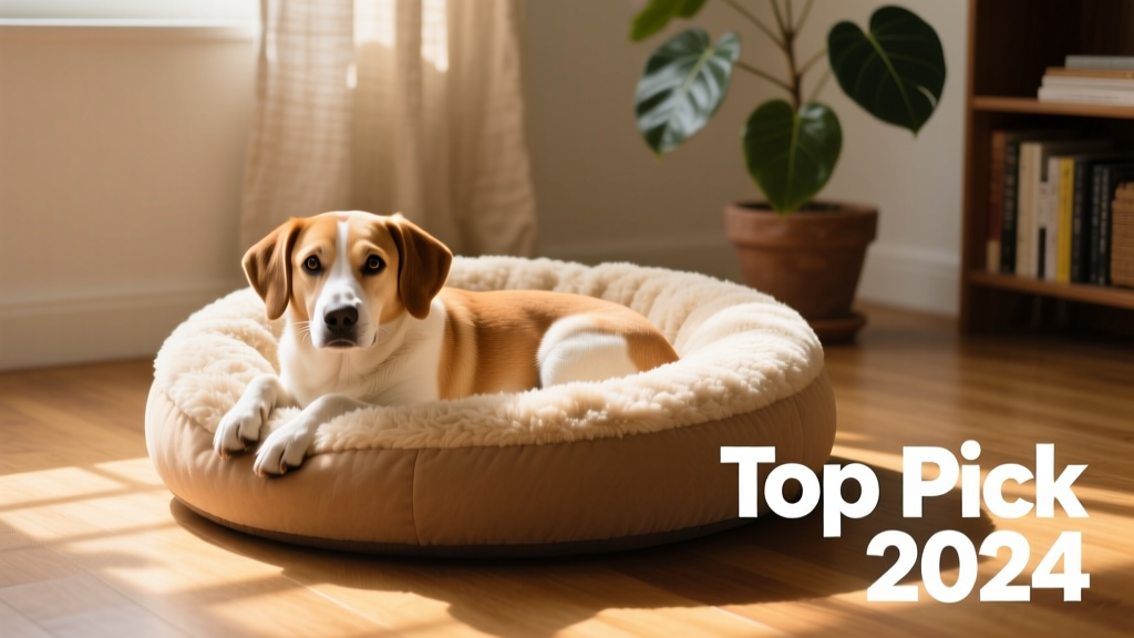 A calm, medium-sized dog nestled comfortably in a round, plush donut-style bed with soft faux-fur lining