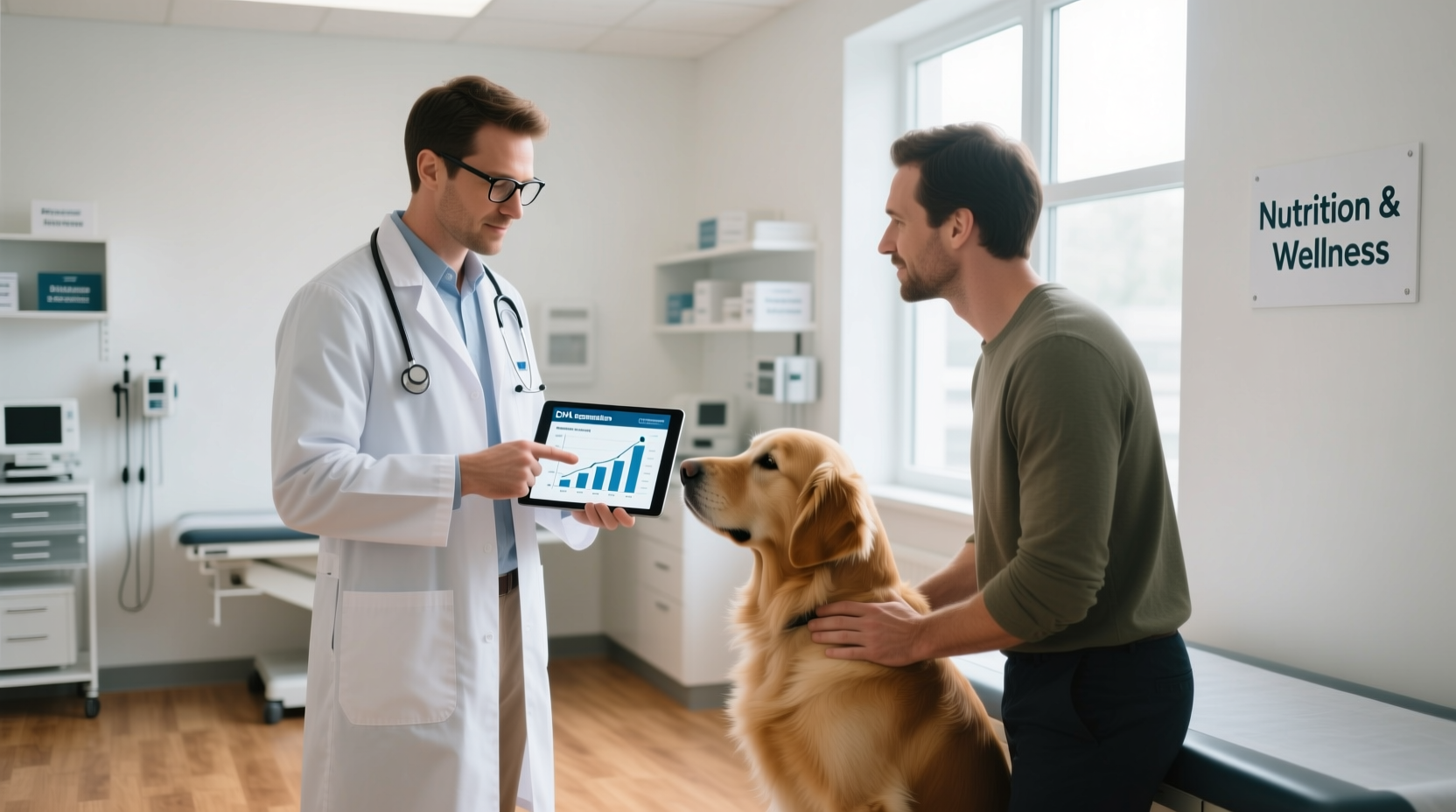 A veterinarian discussing DHA supplementation with a dog owner, emphasizing the importance of proper dosage and regular check-ups.