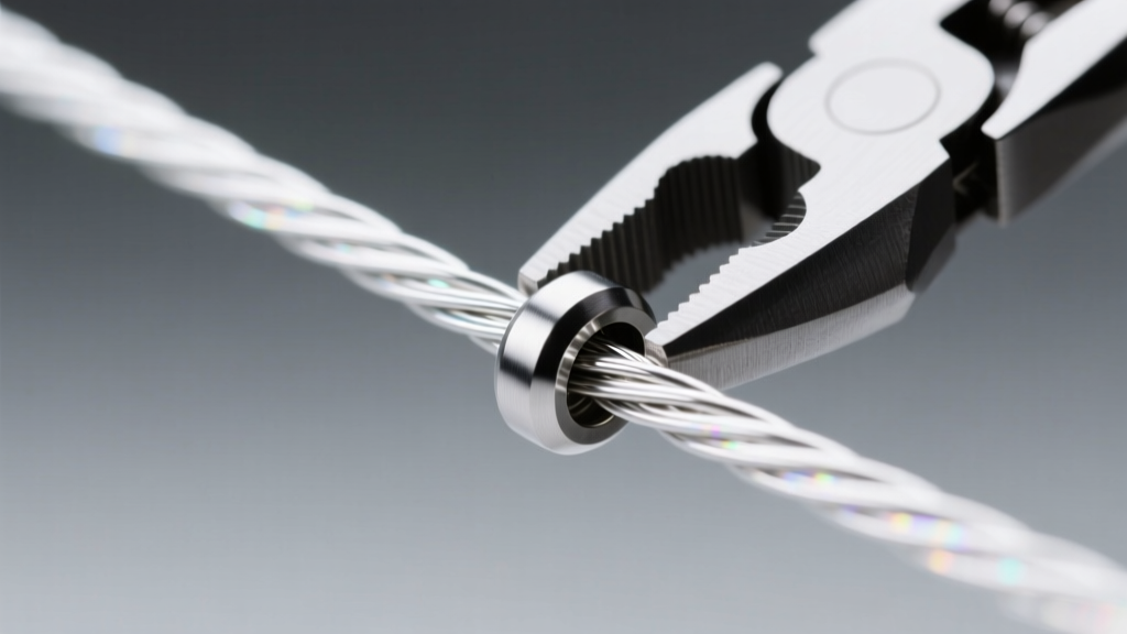 Extreme close-up of a nylon-coated steel beading wire passing through a metal crimp bead, showing the multi-strand core and pliers