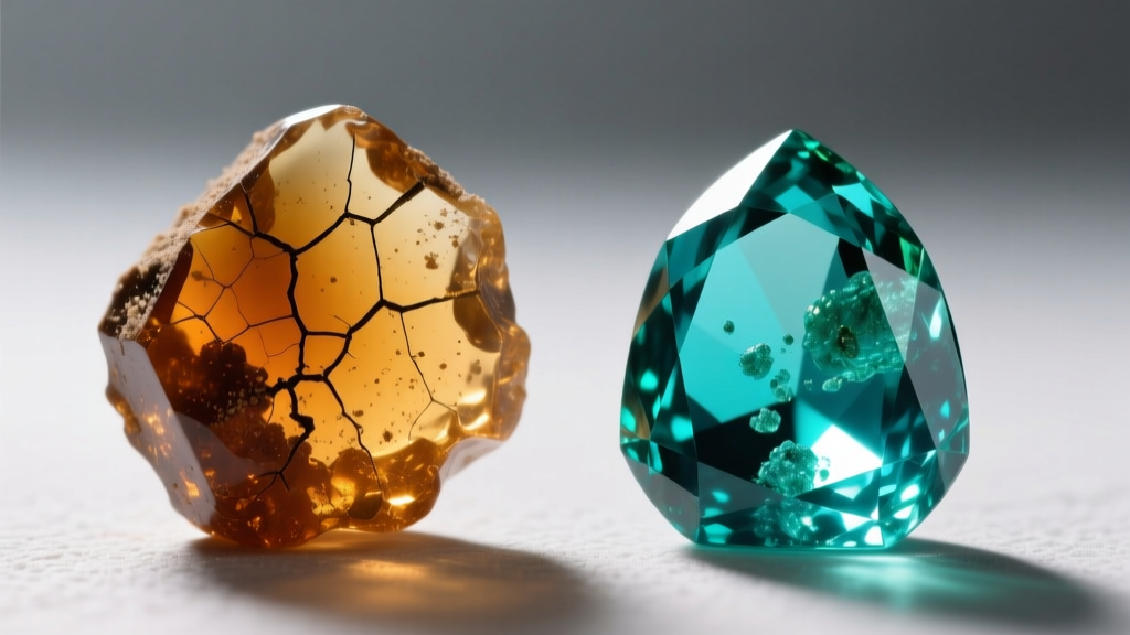 Macro photo comparing cracked opaque copal resin on the left and highly polished clear blue-green Mexican amber on the right