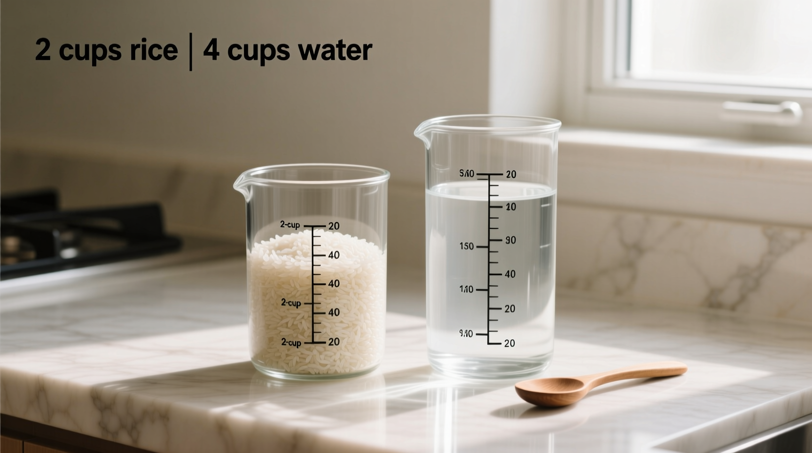 Measuring rice and water in clear containers